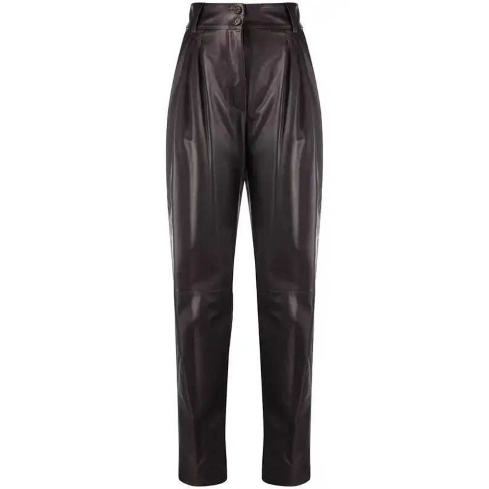 DOLCE GABBANA Leather Pleated High Waisted Trousers Pants Women Made in Italy 42 - Picture 2 of 14
